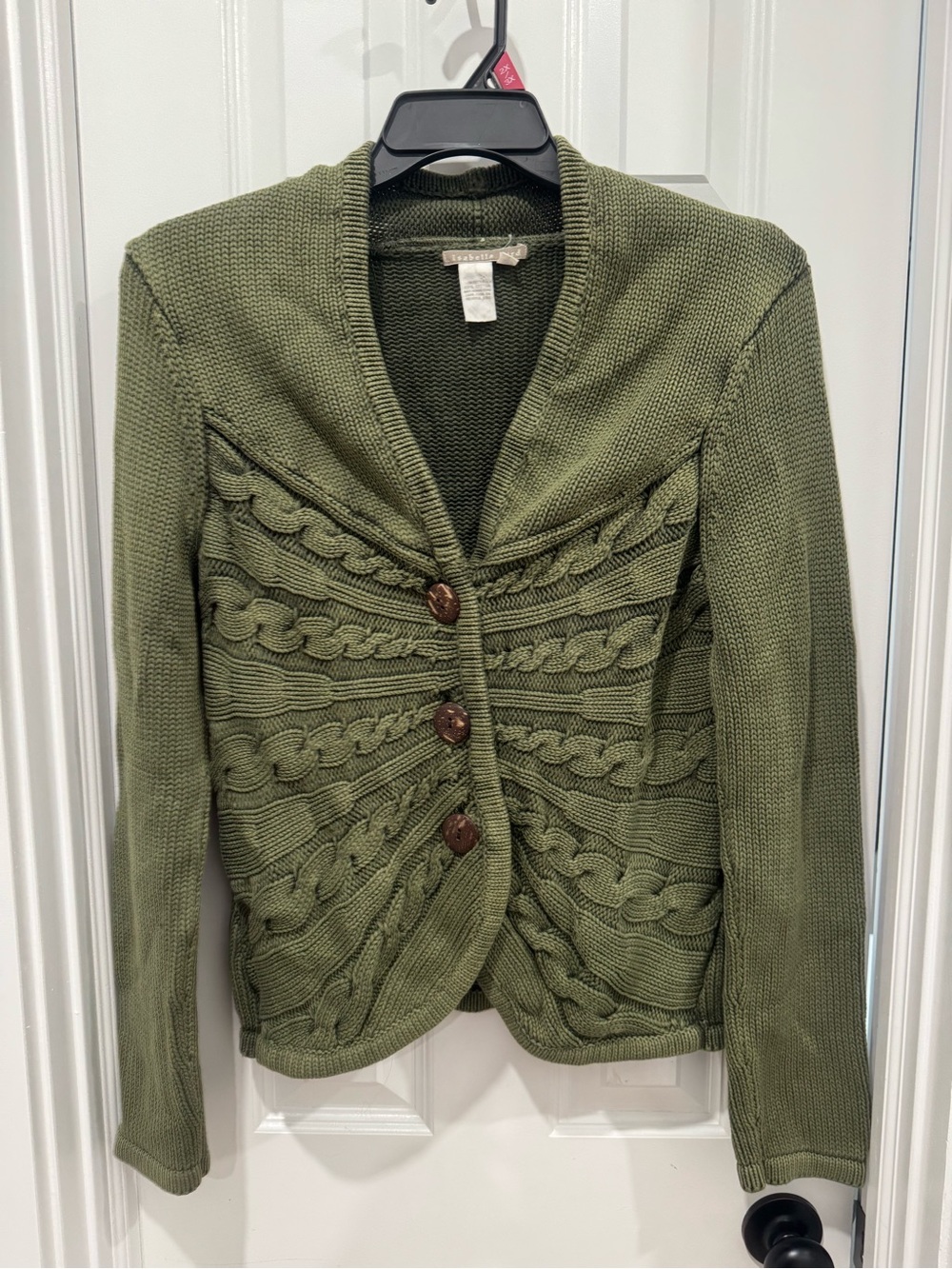 Olive Green Cable-Front Cardigan with Wooden Buttons